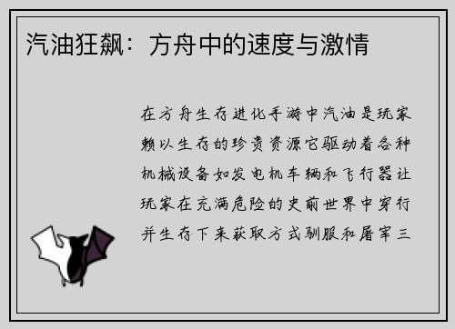 汽油狂飙：方舟中的速度与激情